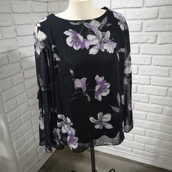 Ricki's Ladies Size 14 Black with Purple & Grey Flower Pattern Tunic - Picture 1 of 11